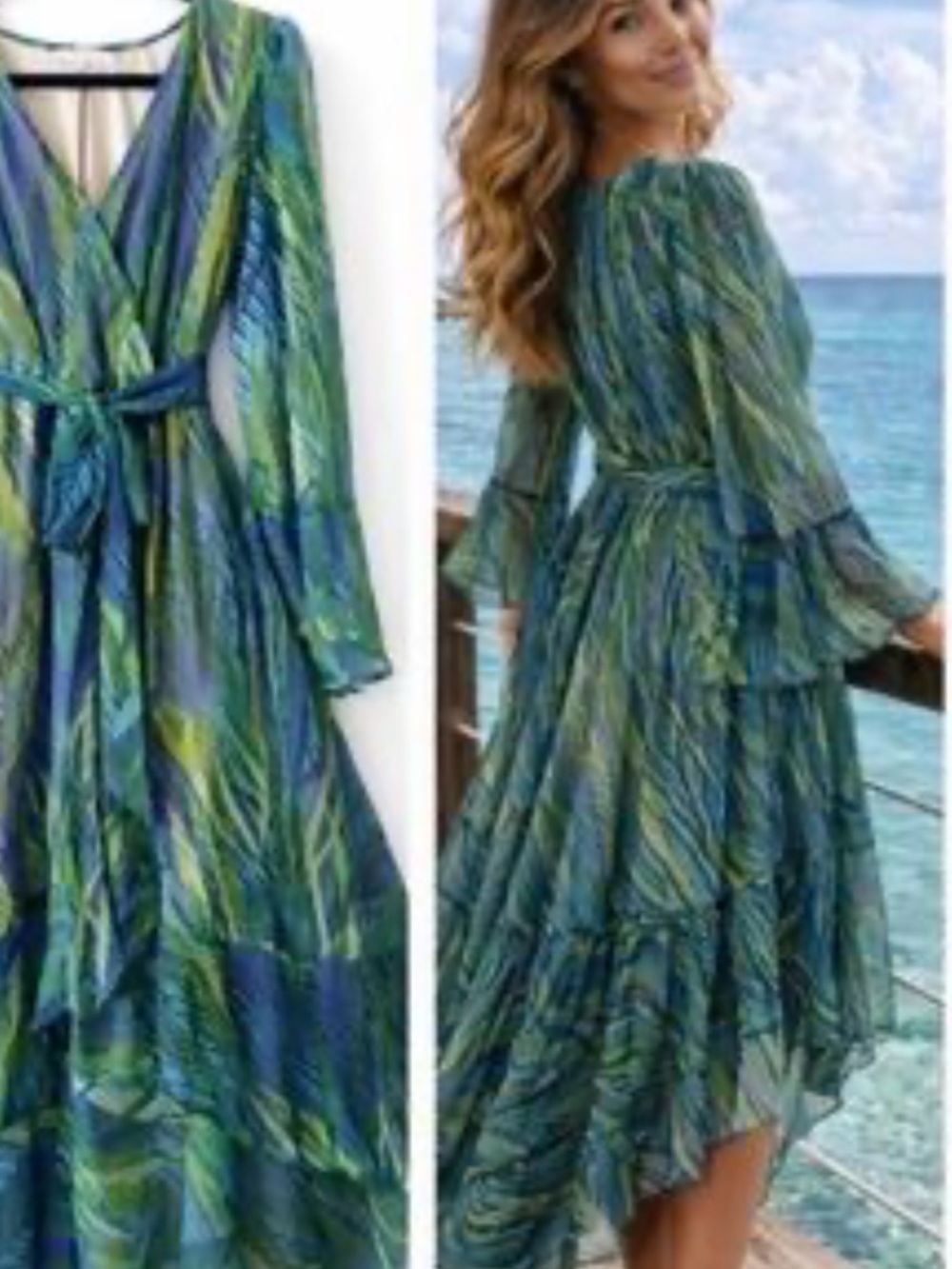 UNE AME BLUE GREEN LEAF TROPICAL PRINT FAUX WRAP HI-LOW MAXI DRESS SZ XL